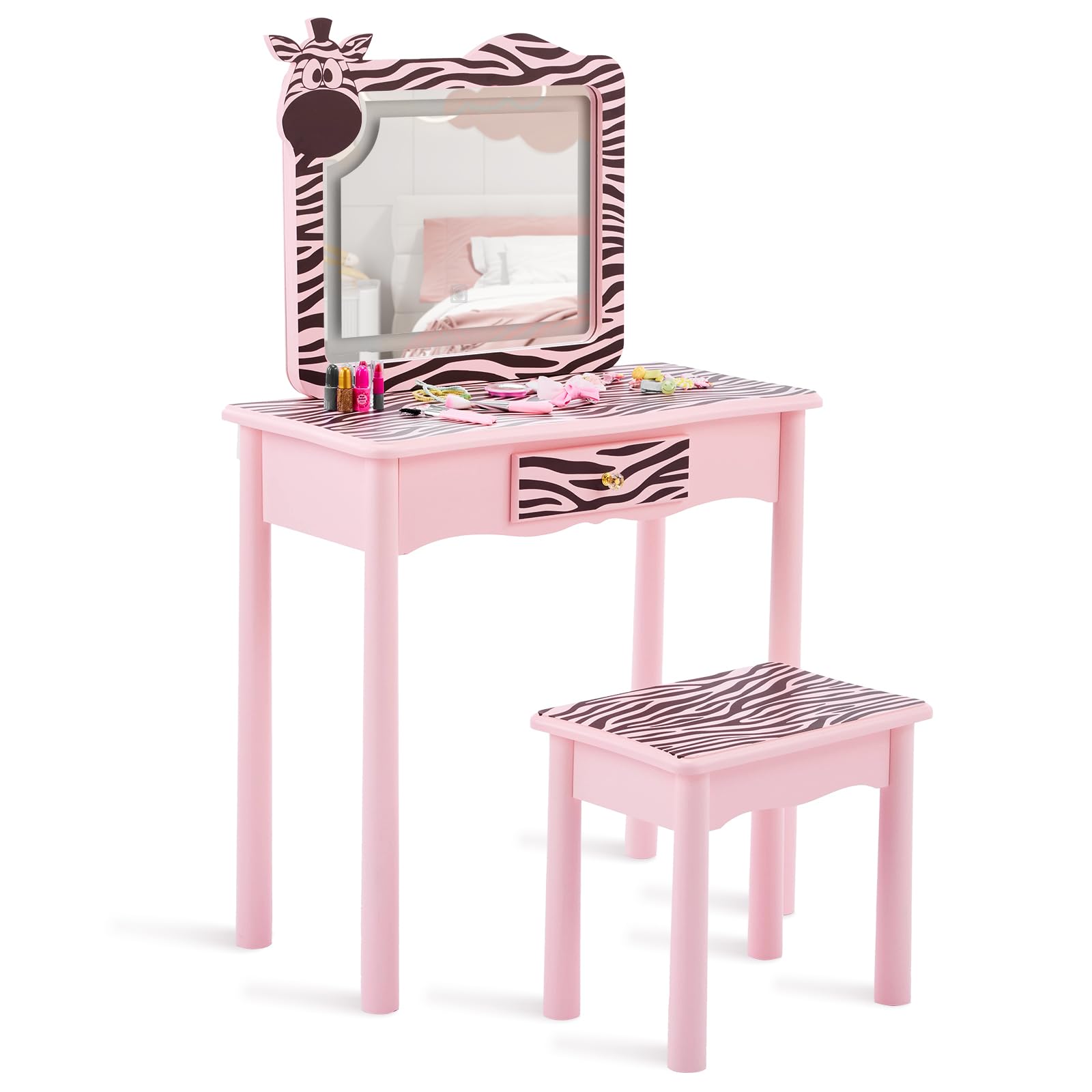 Vanity Set,ShyneeMakeup Dressing Vanity Set Wooden Princess Makeup Table with Cushioned Stool,Drawer,Wooden Legs and Mirror, Make Up Dressing Play Set for Girls (Pink Zebra)