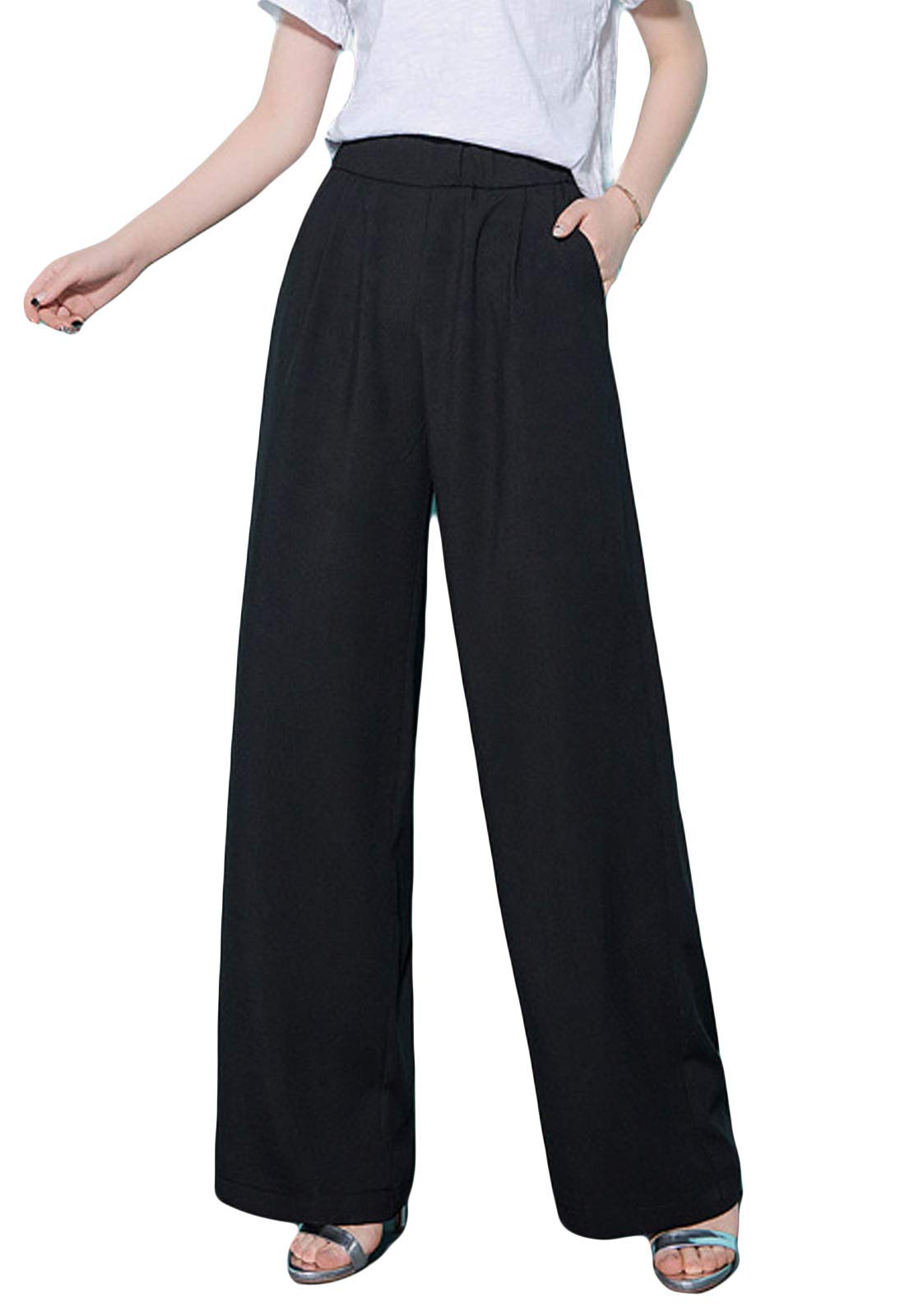 Flygo Womens Casual High Waist Wide Leg Long Palazzo Pants Trousers