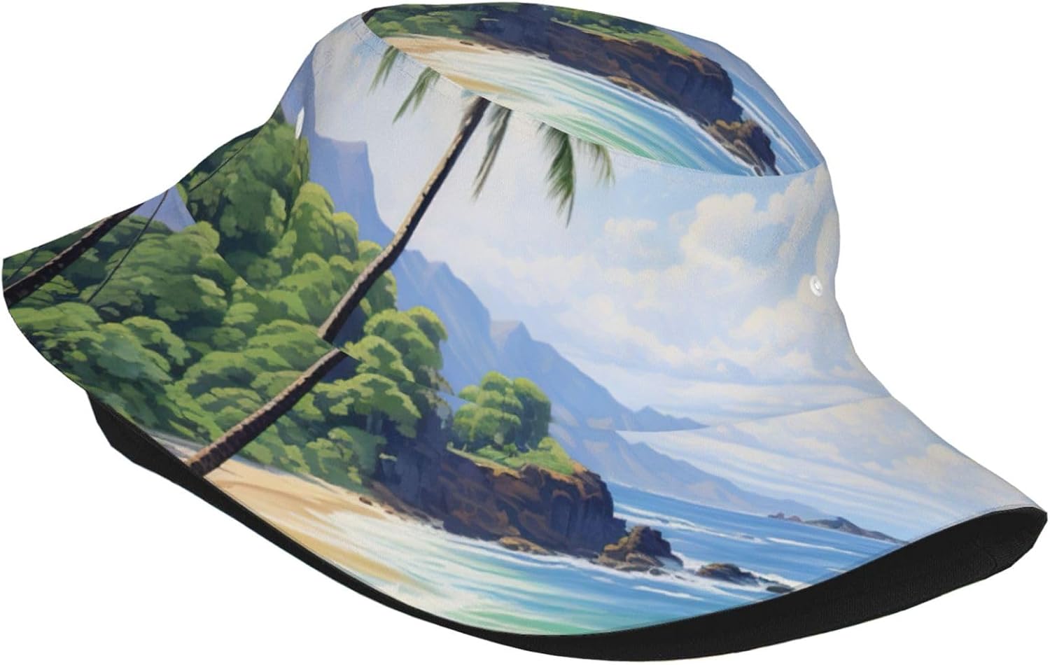 Hawaiian Beach with Palm Trees Print Sun Hat Outdoor Fisherman Cap Summer Bucket Hat Beach for Men Women Black