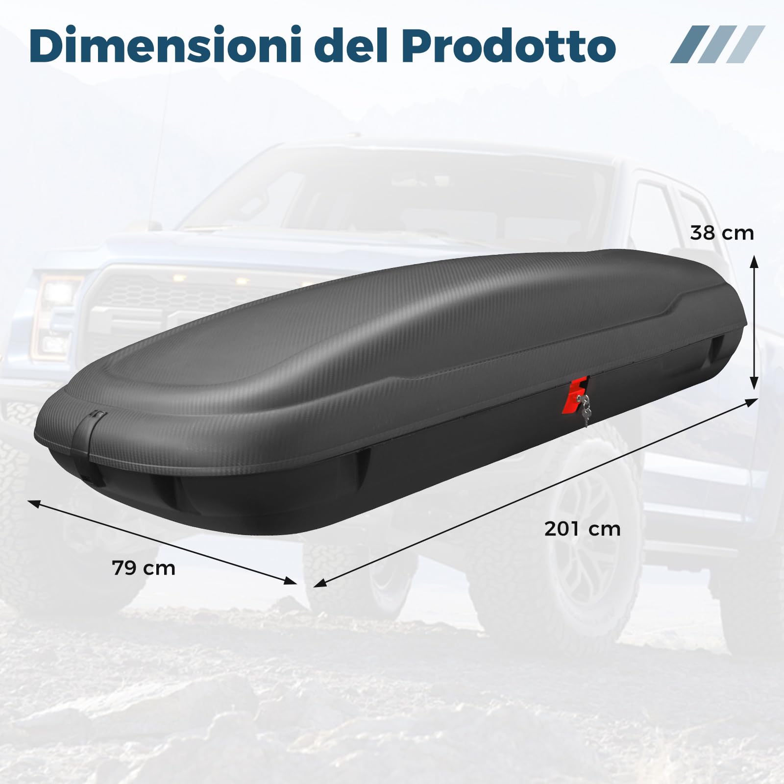 COSTWAY Box da Tetto per Auto XL, Baule Tetto Universale Rigido Impermeabile Super Resistente in Fibra Carbonio e Metallo, Portapacchi per Auto con Chiavi, Capacità 75 kg (201 x 79 x 38 cm)