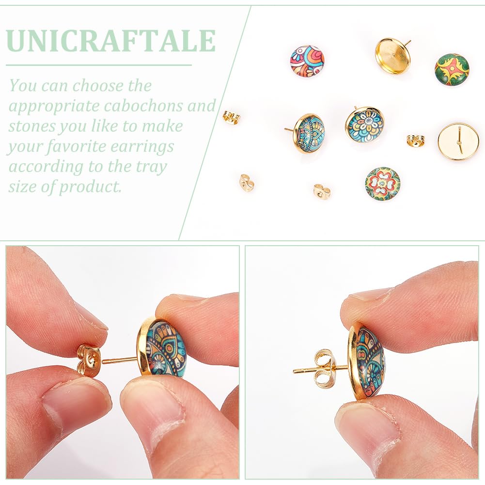 UNICRAFTALE Circa 60pz 18K Placcato Oro Grezzi Orecchini A Perno Cabochon Rotondi Orecchini Castoni Vassoi Perno In Acciaio Inossidabile Risultati A Tazza con Anello e Retro Dell'Orecchino per DIY