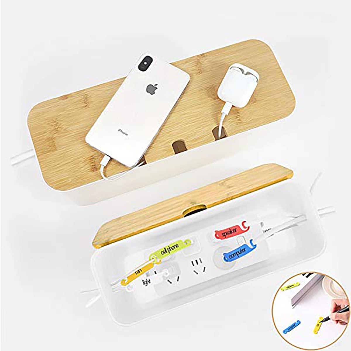 Verve Jelly Cajas de gestión de Cables, Caja de Almacenamiento de Cables Rectangular de Cable de Cable de Cable de 2 pcs con Tapa para Ocultar Cables desordenados de gestión de Cables, Blanco, S+L