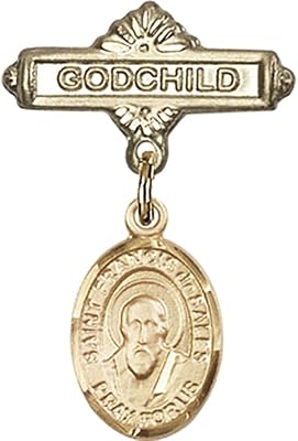 14kt Yellow Gold Baby Badge with St. Francis de Sales Charm and Godchild Badge Pin 1 X 5/8 inches