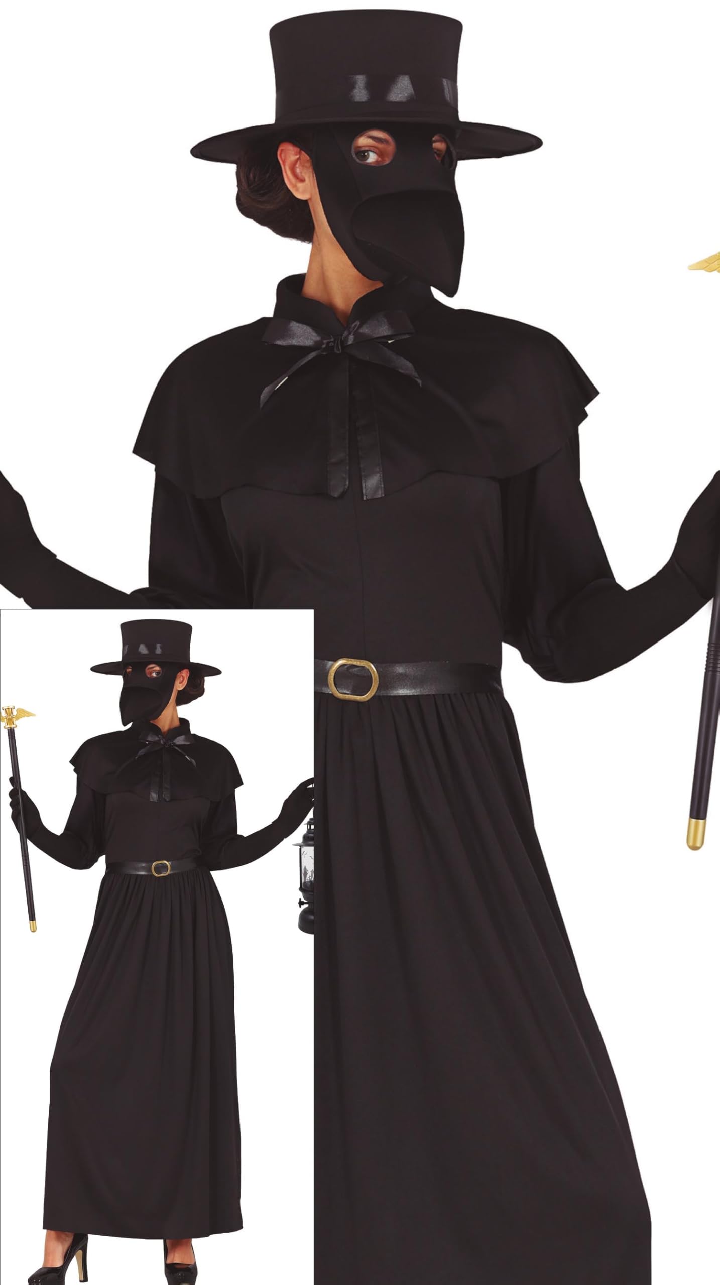 FIESTAS GUIRCA Black Plague Doctor Women Fancy Dress Costume - including Plague Doctor Bird Mask - Halloween Costumes for Women Size L