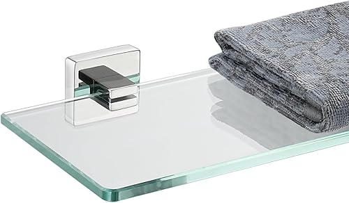 JQK Estante de cristal para baño cromado, almacenamiento de ducha de vidrio templado de 12 x 5 pulgadas, montaje en pared cromado pulido de acero