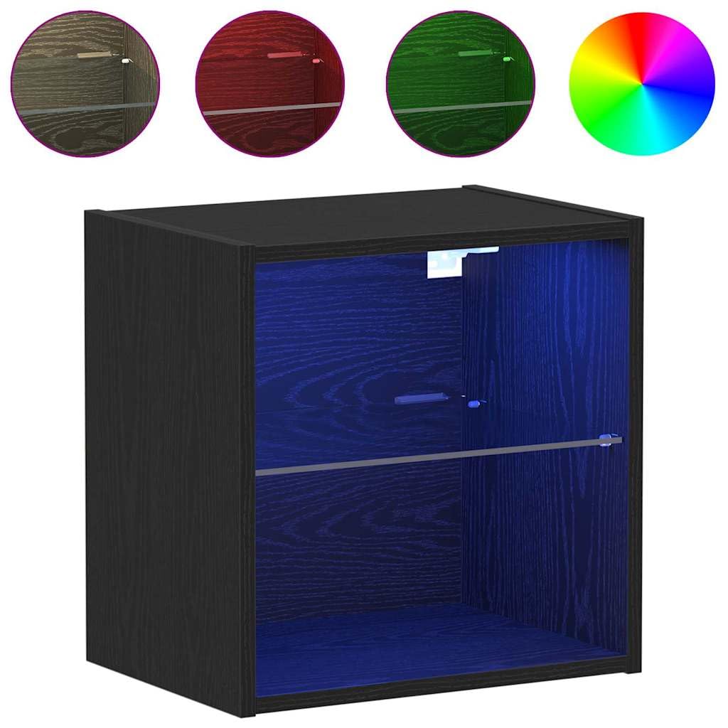 Pływający regał z oświetleniem LED, czarny, z materiału drewnopochodnego, 40 x 28,5 x 40 cm, 3 deski, miejsce do przechowywania do salonu, sypialni, biura, nowoczesne wzornictwo, oszczędność