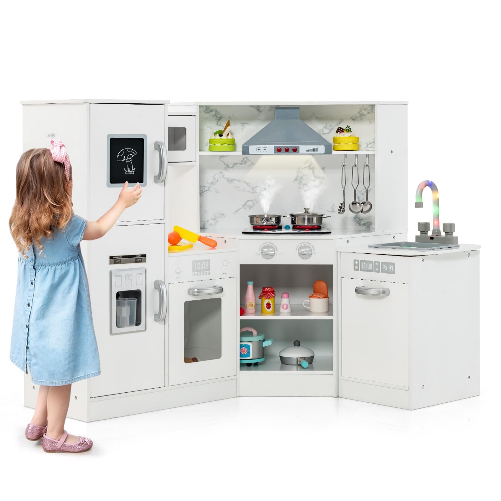 HOMASIS Cucina Angolare per Bambini in Legno, Cucina Giocattolo con Luci, Suoni e Vapore, Lavello, Fornello, Forno, Macchina del Ghiaccio, Frigorifero, Lavagna, per Bambini da 3+ Anni (Bianco)