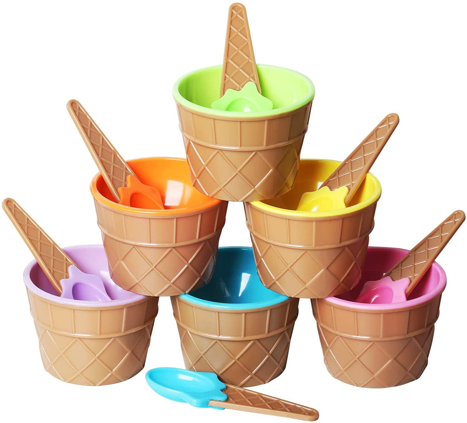 Buspoll Spoons Ice Cream Bowls, Kids lovely ice cream bowls ice cream cup Couples bowl gifts Dessert Matching Spoons Plastic Assorted Cute Colours Wafer Design