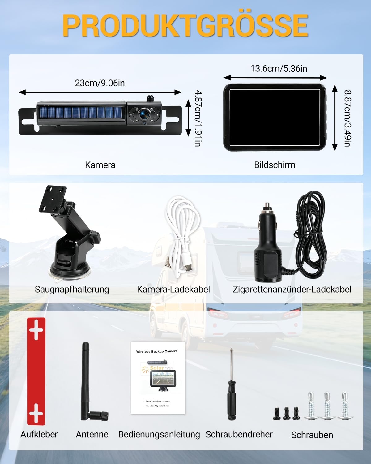 5 Zoll Rückfahrkamera Kabellos Set 1080P Solar Kabellos Rückfahrkamera Kabellose Rückfahrkameras für PKW mit Nachtsicht 5000mAh Akku für Auto LKW SUV Wohnmobil