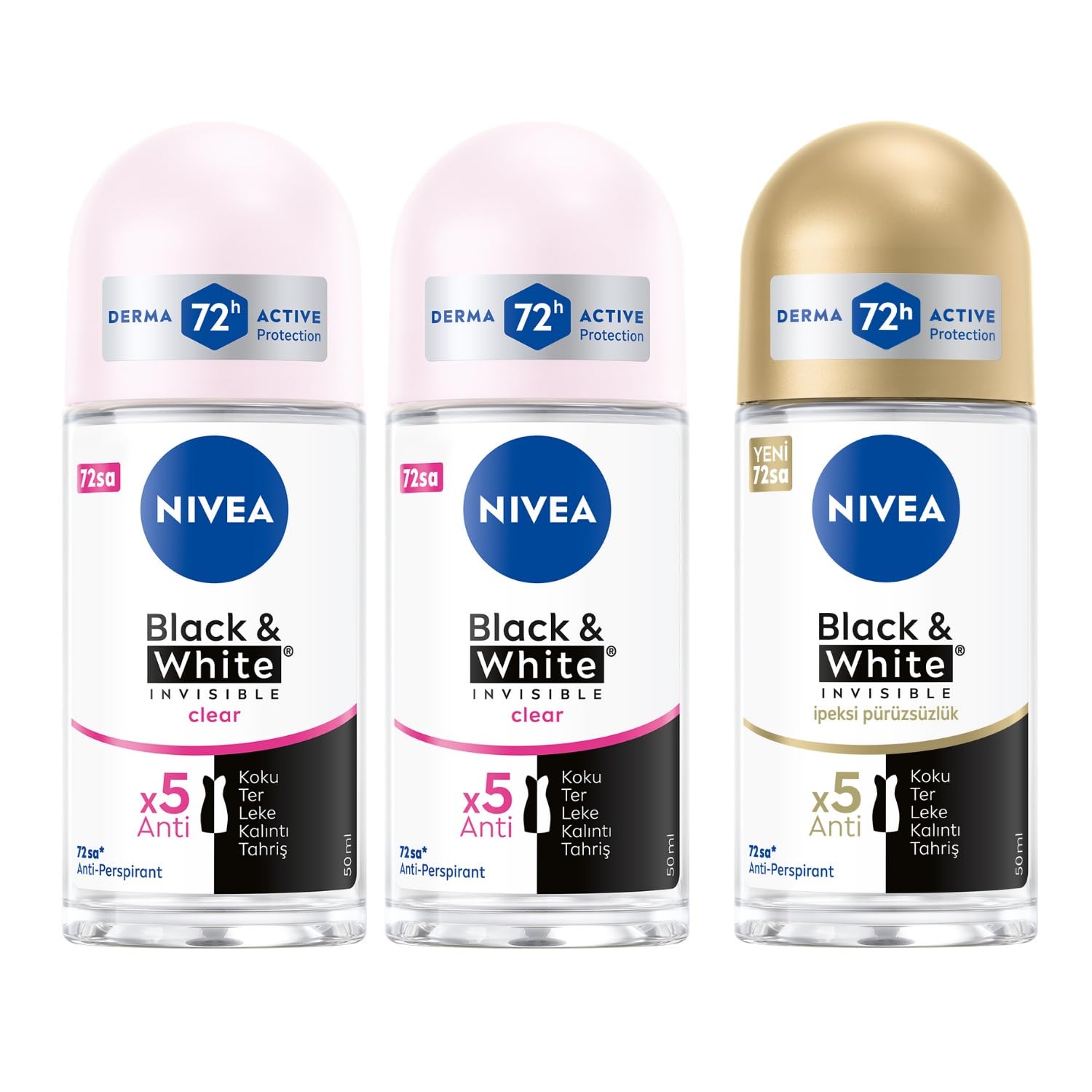 NIVEA Kadın Roll On Deodorant Black & White Invisible Clear 48 Saat Koruma (50 ml) X2 + NIVEA Kadın Roll On Deodorant Black&White Invisible İpeksi Pürüzsüzlük 48 Saat Anti-perspirant Koruma 50ml