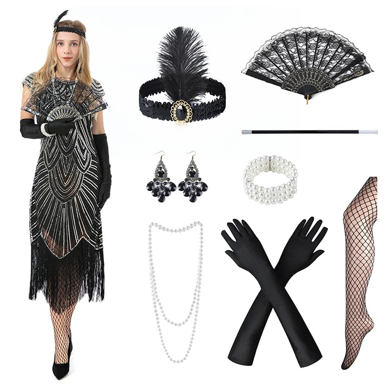 YAOZUPDisfraz Años 20 Mujer, 1920s Flapper Vestido con Lentejuelas, Perlas y Flecos, Gatsby Vestido 20s Accesorios, 20s Disfraz Charleston Mujer para carnaval cosplay