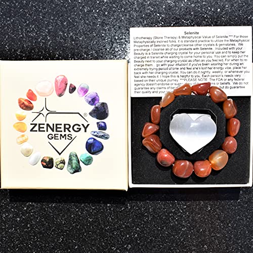Charged Natural Carnelian Agate (Riverbed Agate) Crystal Bracelet Tumble Polished Stretchy + Selenite Heart Charging Crystal Included #TOP3