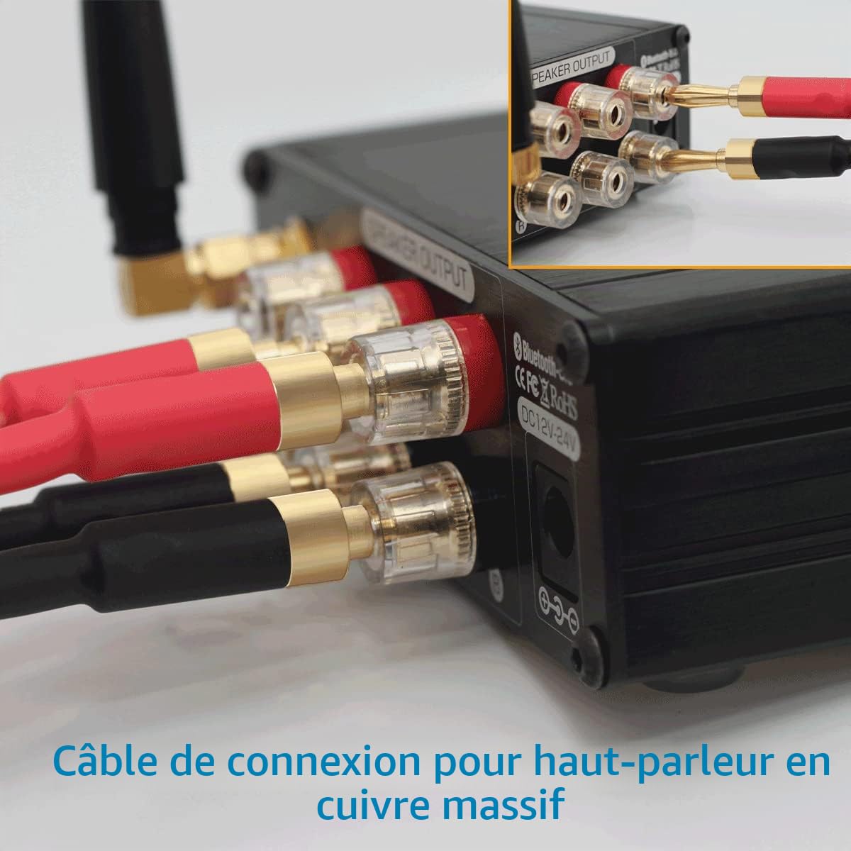 Lot de 2 câbles d'enceinte de qualité audiophile 13 AWG avec double embouts banane pré-connectés plaqués or, fiche banane mâle vers mâle (4 m)