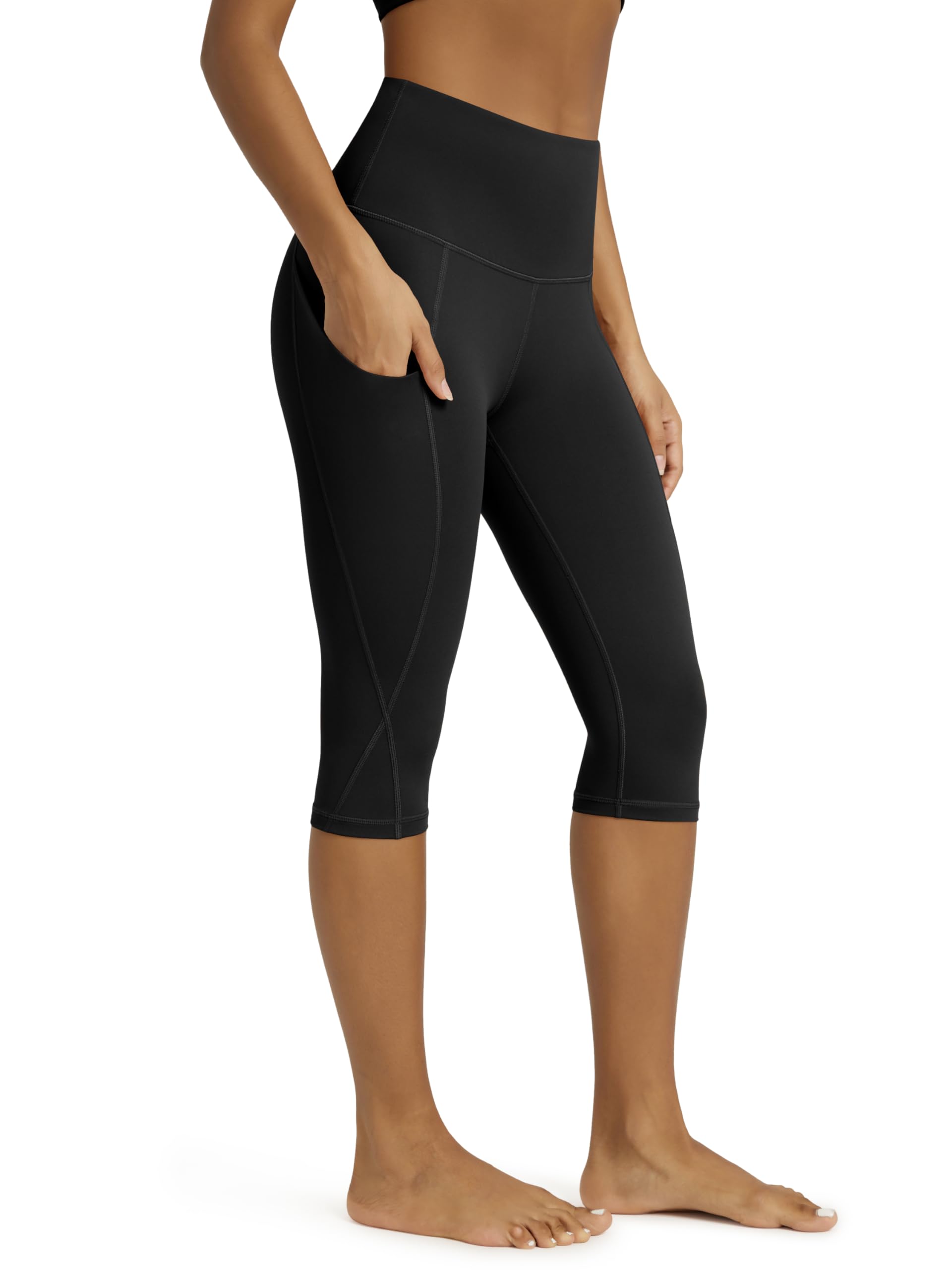 ODODOS Women's Knee Length High Waisted Yoga Capri Leggings with Pockets, Workout Running Sports Athletic Yoga Capris, Black, Medium