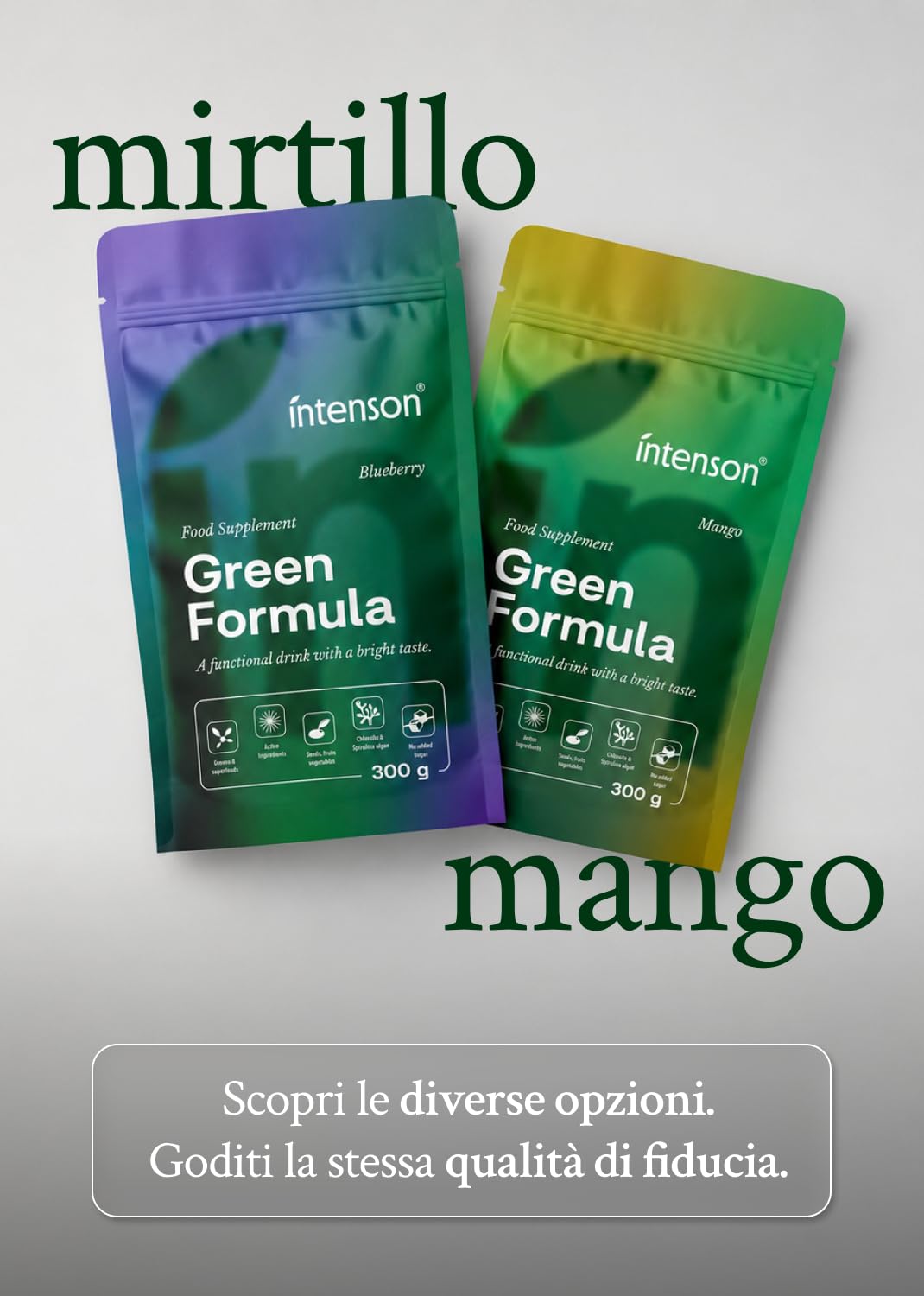 Intenson Green Formula Mango, Super Greens in Polvere, Superfood Blend con Chlorella, Spirulina, Ashwagandha con OPC e Moringa, Senza Zucchero, Naturalmente Dolcificato, Bevanda Funzionale, 300 g