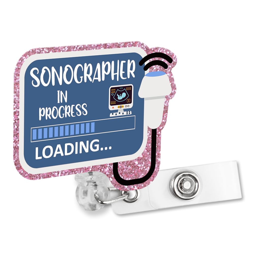 Sonographer in Progress Retractable Glitter Irregular Badge Reel with Alligator Clip, Funny Badge Holder Gift for Ultrasound Technician Sonography Diagnostic RDMS Maternity Doctor Nurse