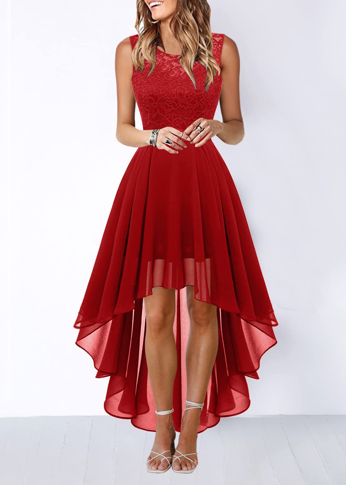 Onsoyours Robe de Cocktail Femme Longue Robes Soirée en Dentelle Mousseline de Soie Robes Chic Elégant sans Manches Sexy Robe Asymétrique