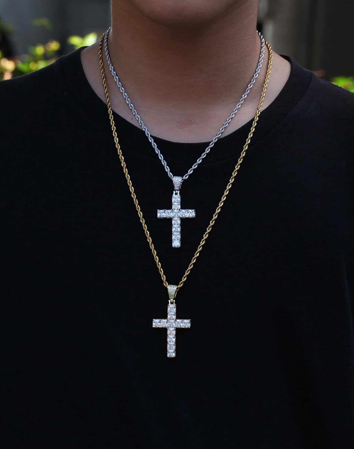 YL Cross Iced Out Mens Necklace, 18K Gold Plated Jesus Christ Bible Verse American Flag 5A+ Cubic Zirconia Pendant Jewelry Gifts for Women