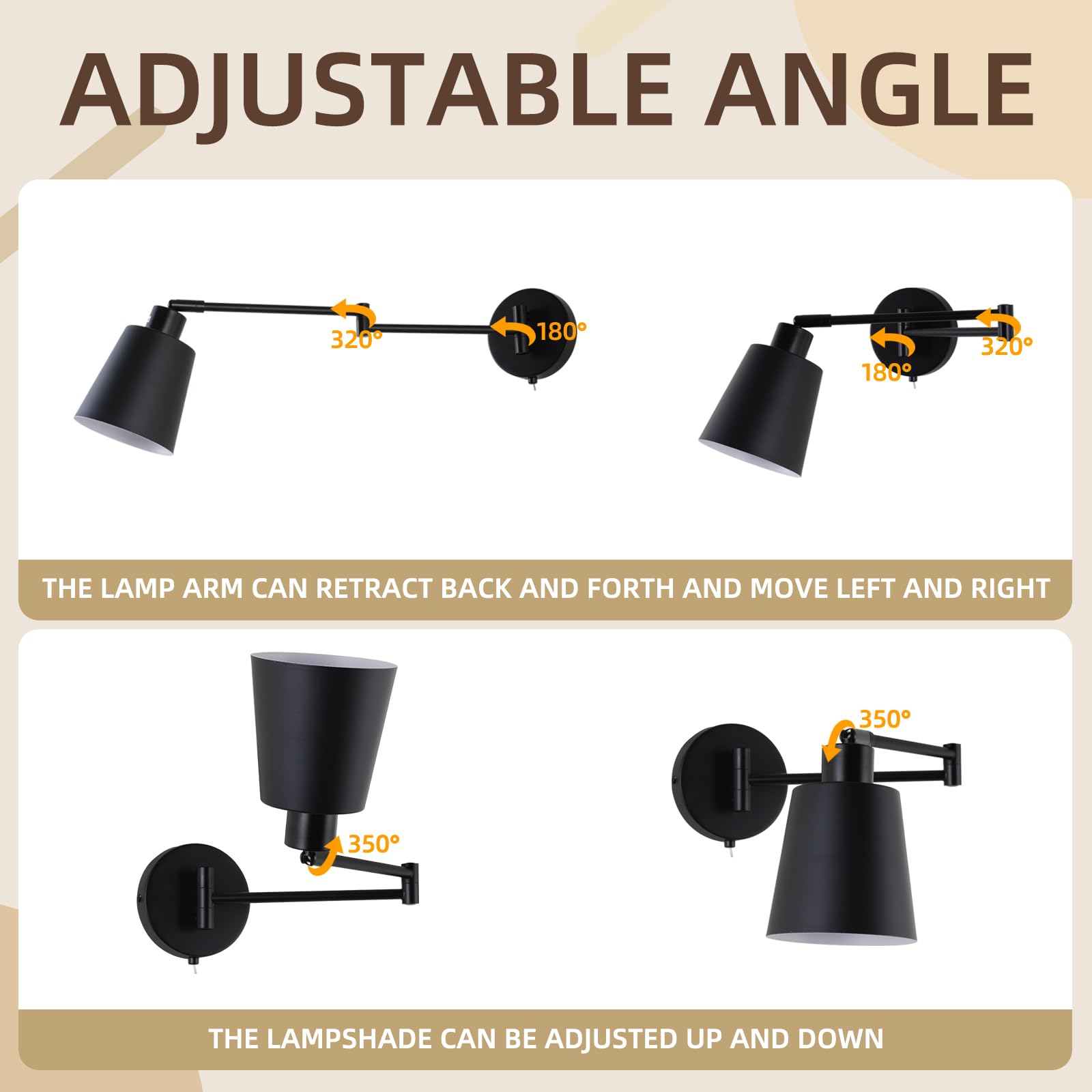 Lampada da parete con braccio orientabile e interruttore Lampada da parete nera Lampadario da parete Lampada da lettura Wall Scone per camera da letto, comodino, soggiorno (lampadina inclusa)