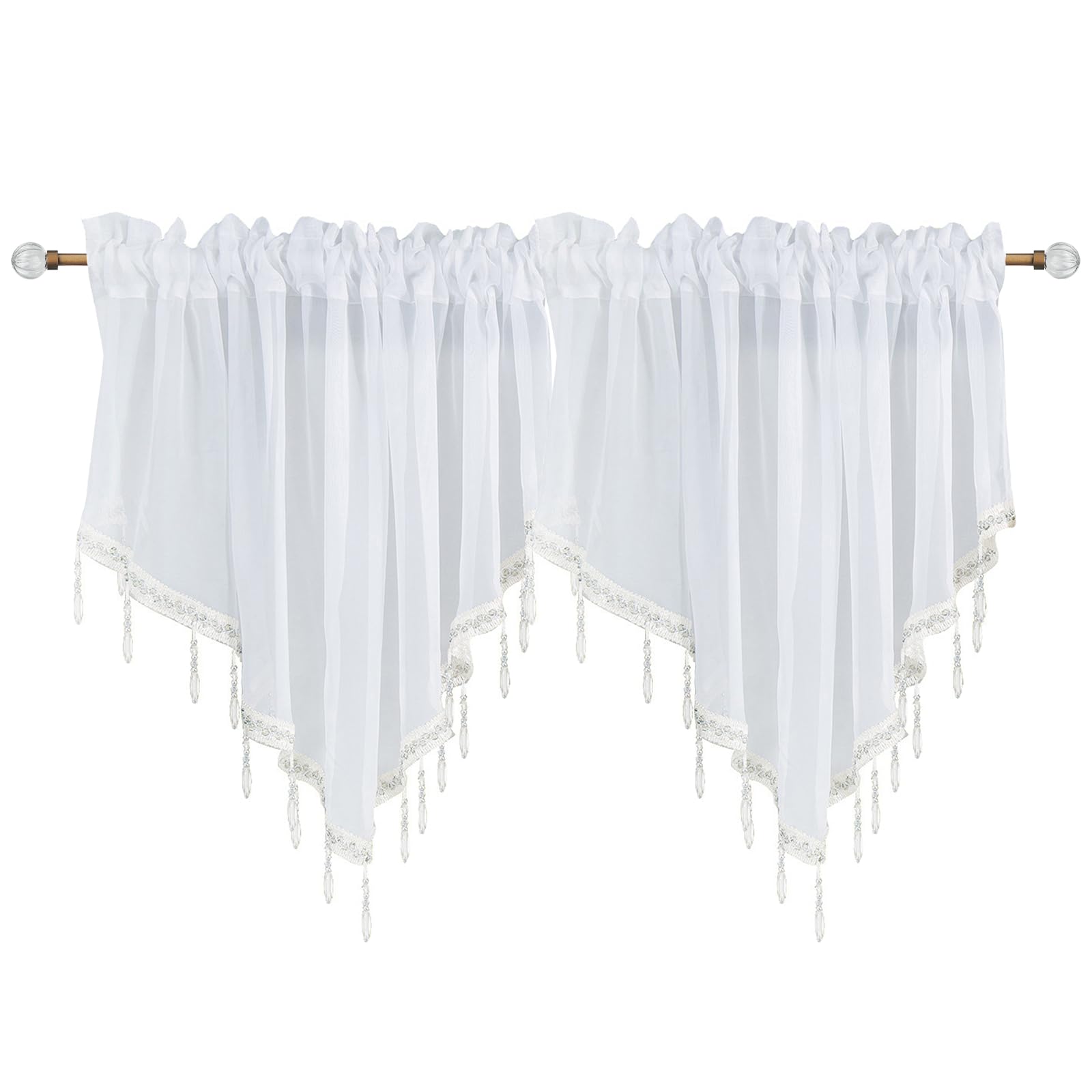 Yitexin Beaded Sheer Windows Valance 51.1 In W x 23.6 In L, Scalloped Kitchen Curtain, Bathroom Swag Sheer with Rod Pocket, Short Valance Drape for Bedroom Living Room (2Pcs White)