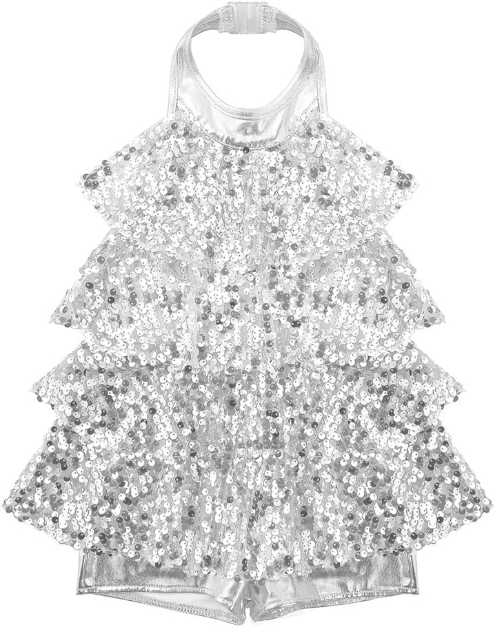 ホルターシャイニースパンコール Gymnastics Gymnastics Gymnastics Gymnasticsパフォーマンスラテンジャズダンスコスチューム(Color: Silver, Size: 6)