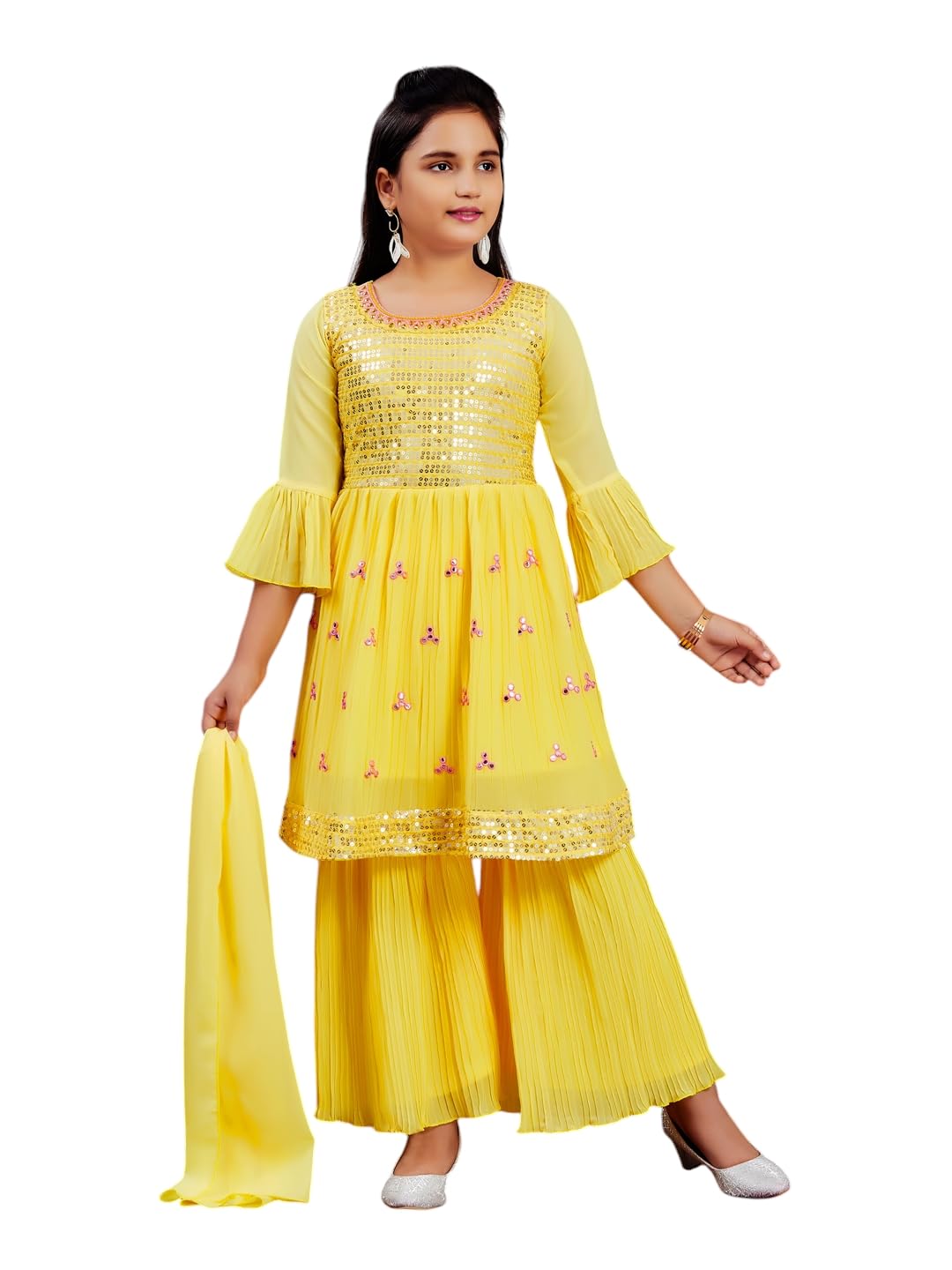 Aarika Girls Ethnic Wear Yellow Colour Sequins Embroidery Georgette Kurti Sharara Set (5-11 Years)