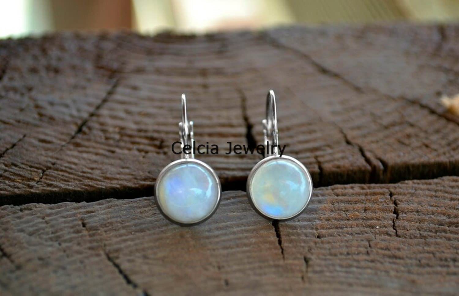 Pendientes de palanca de plata de ley 925 maciza para mujer, piedra lunar arcoíris natural Piedra preciosa redonda Increíble hecho a mano Regalos de piedra natal de junio