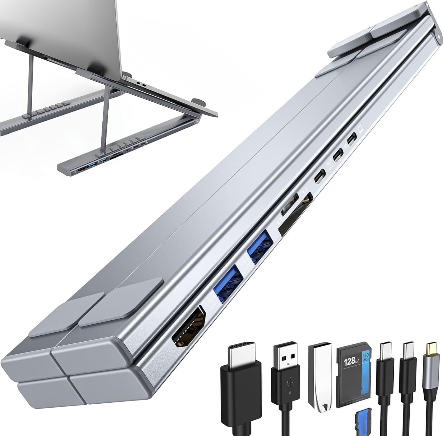8 en 1 Support de Station d'accueil de Tablette pour Ordinateur Portable, avec HDMI 4K, 2 USB-A 3.0, 2 USB-C PD 3.0 100W, emplacements pour Cartes SD/TF, Support réglable Portable Universel M0X9 Pro