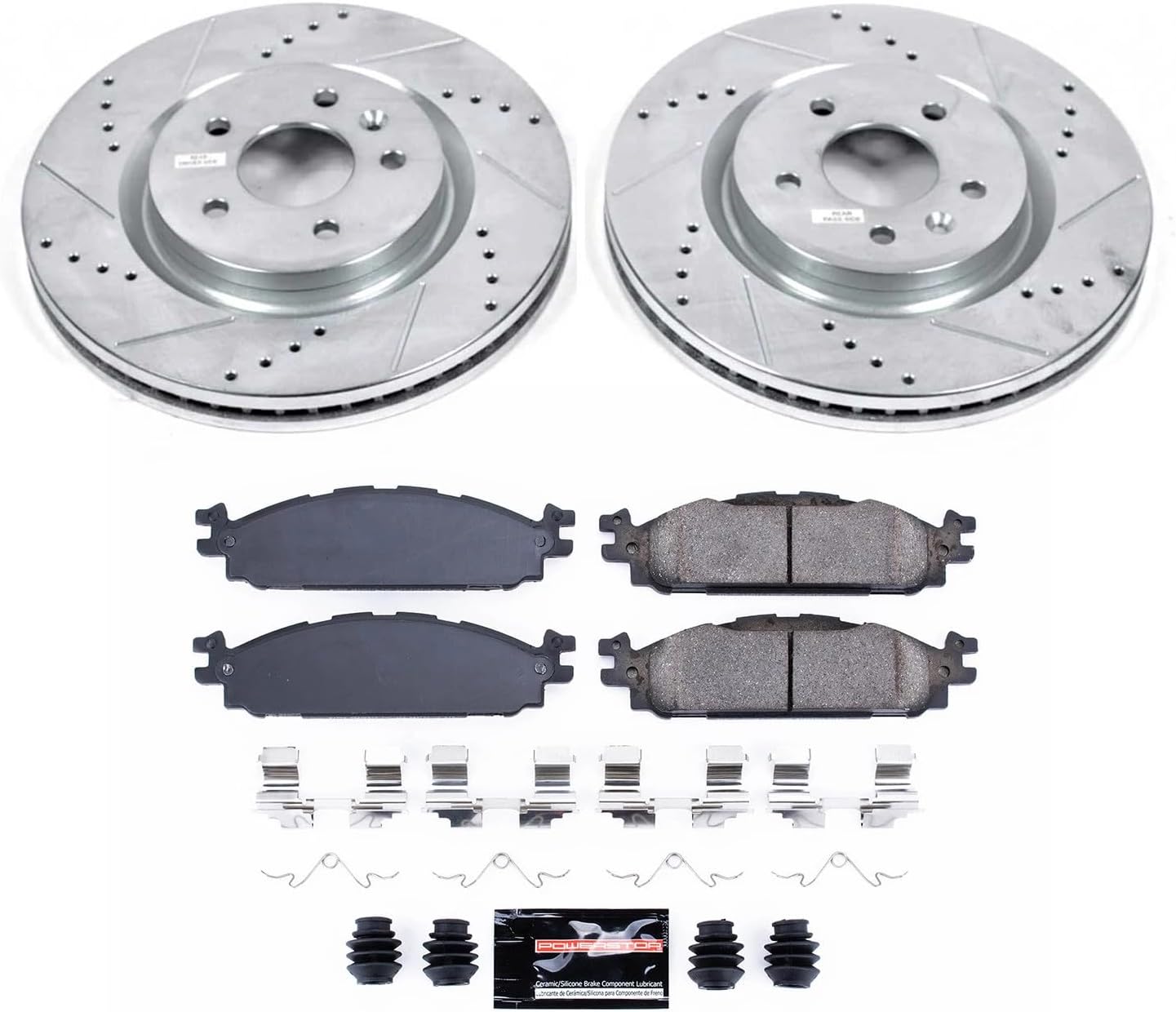 power stop front k5583 carbon-fiber ceramic brake pad and drilled and slotted rotor z23 daily driver kit for ford explorer, ford flex, ford taurus, lincoln mks, lincoln mkt [model specific]
