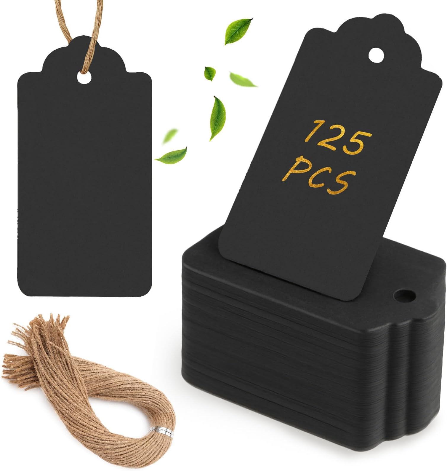 SallyFashion 125pcs Gift Tags with String Attached, 1.5 x 2.8 inch Black Gift Tags Paper Black Labels for Clothes DIY Crafts Wedding Holiday