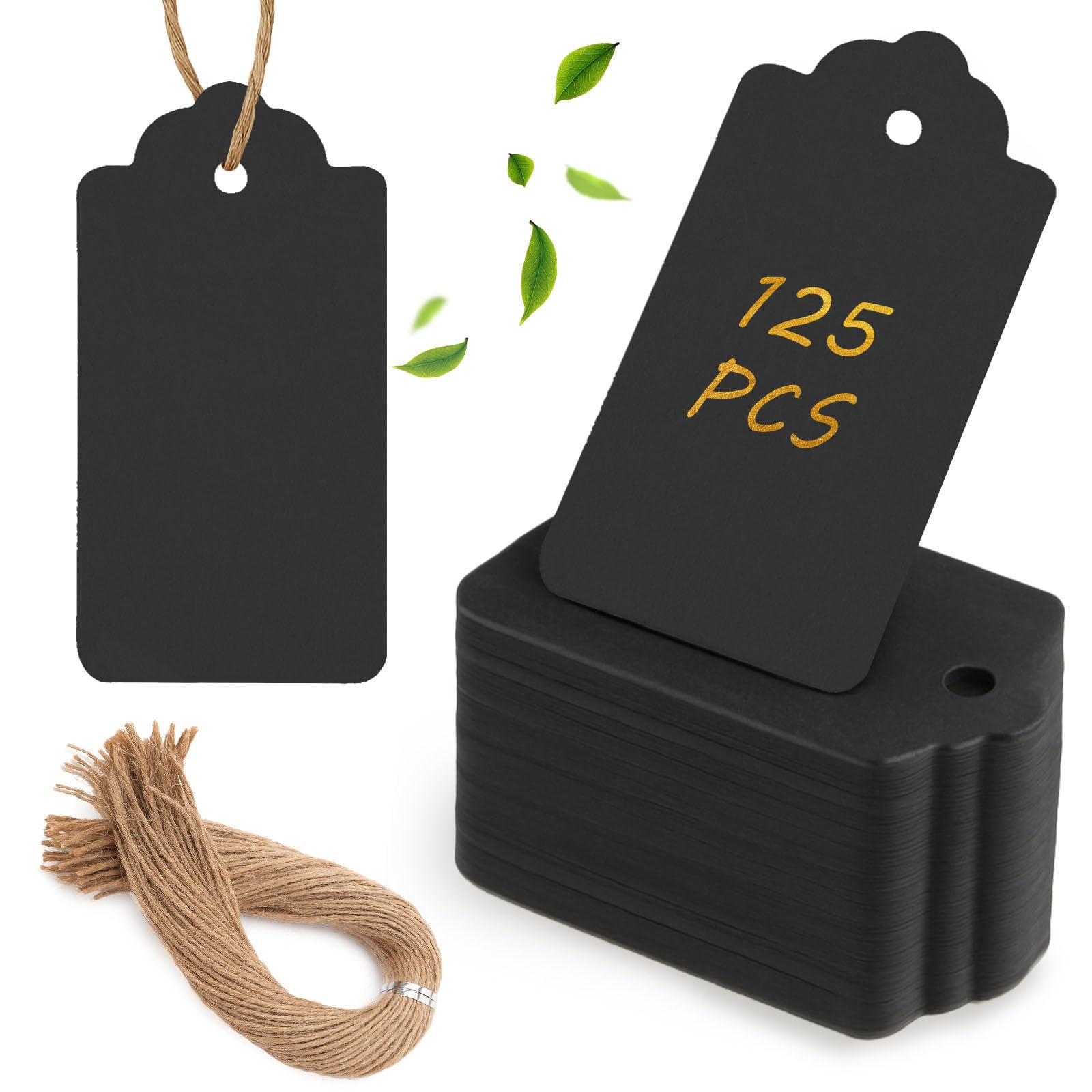 125pcs Gift Tags with String Attached, 1.5 x 2.8 inch Black Gift Tags Paper Black Labels for Clothes DIY Crafts Wedding Holiday