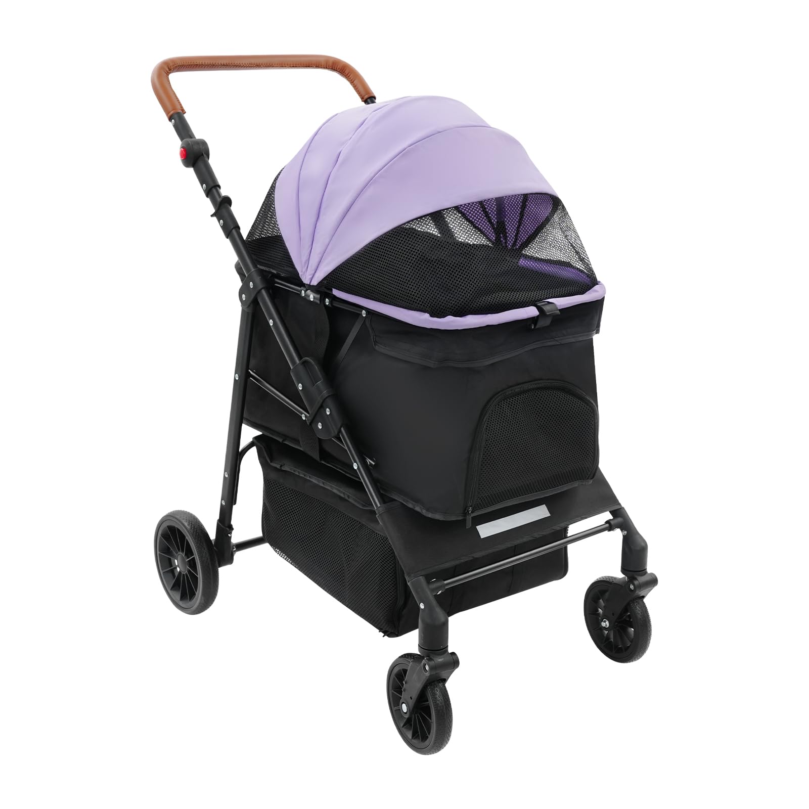 Carrello per cani 2 in 1, pieghevole con due scomparti separati, passeggino per animali domestici fino a 15 kg, con manico regolabile, per cani di piccola taglia e gatti (nero + viola)