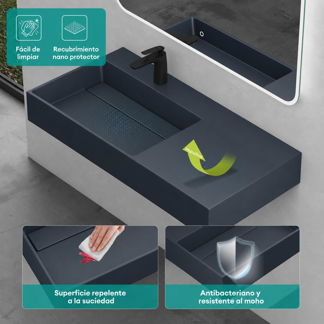 Mai & Mai Lavabo Izquierdo sobre Encimera 100cm Antracita Col12 | Lavabo Suspendido Mármol Fundido, con Orificio para Grifo y Válvula Desagüe, Conexión Estándar DIN, Tapa de Desagüe Oculta