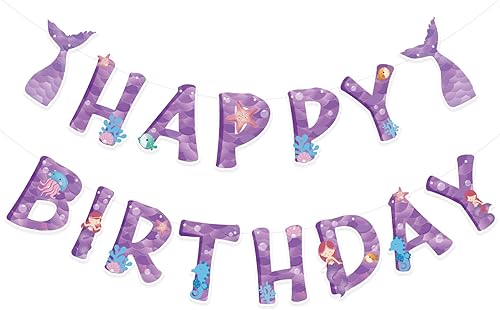Cartel de feliz cumpleaños, pancarta de sirena morada, pancarta de feliz cumpleaños, decoración de fiesta temática de sirena para niñas, suministros