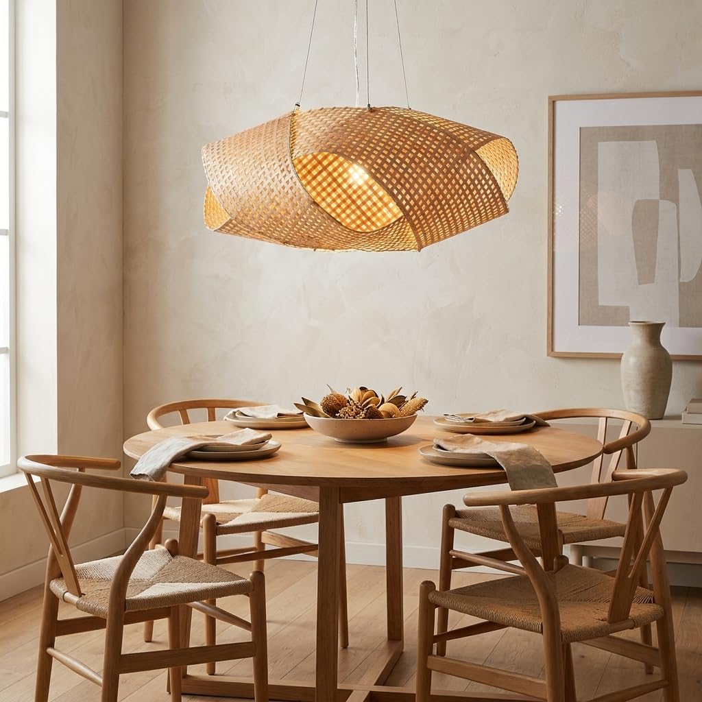 BARCELONA LED Lámpara Colgante Grande de Mimbre Natural NIDO E27 | Techo Artesanal de Ratán Bambú Color Natural | Estilo Clásico Moderno Vintage Lujo para Salón Comedor Cocina