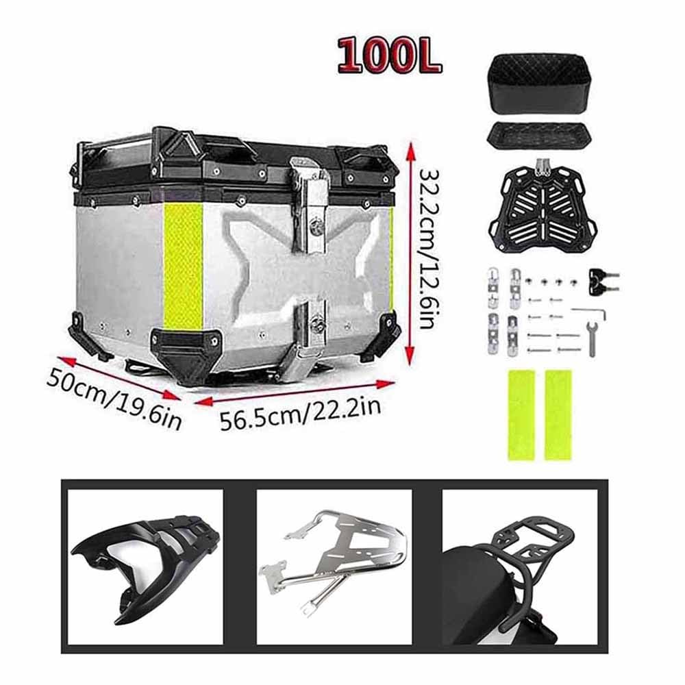 Valise pour Moto Top Case Coffret De Moto Aluminium Topcase pour Moto 28L 36L 45L 55L 65L 80L 100L Coffre pour Moto Étanche Valise Quad avec Dossier(Silver,100L)