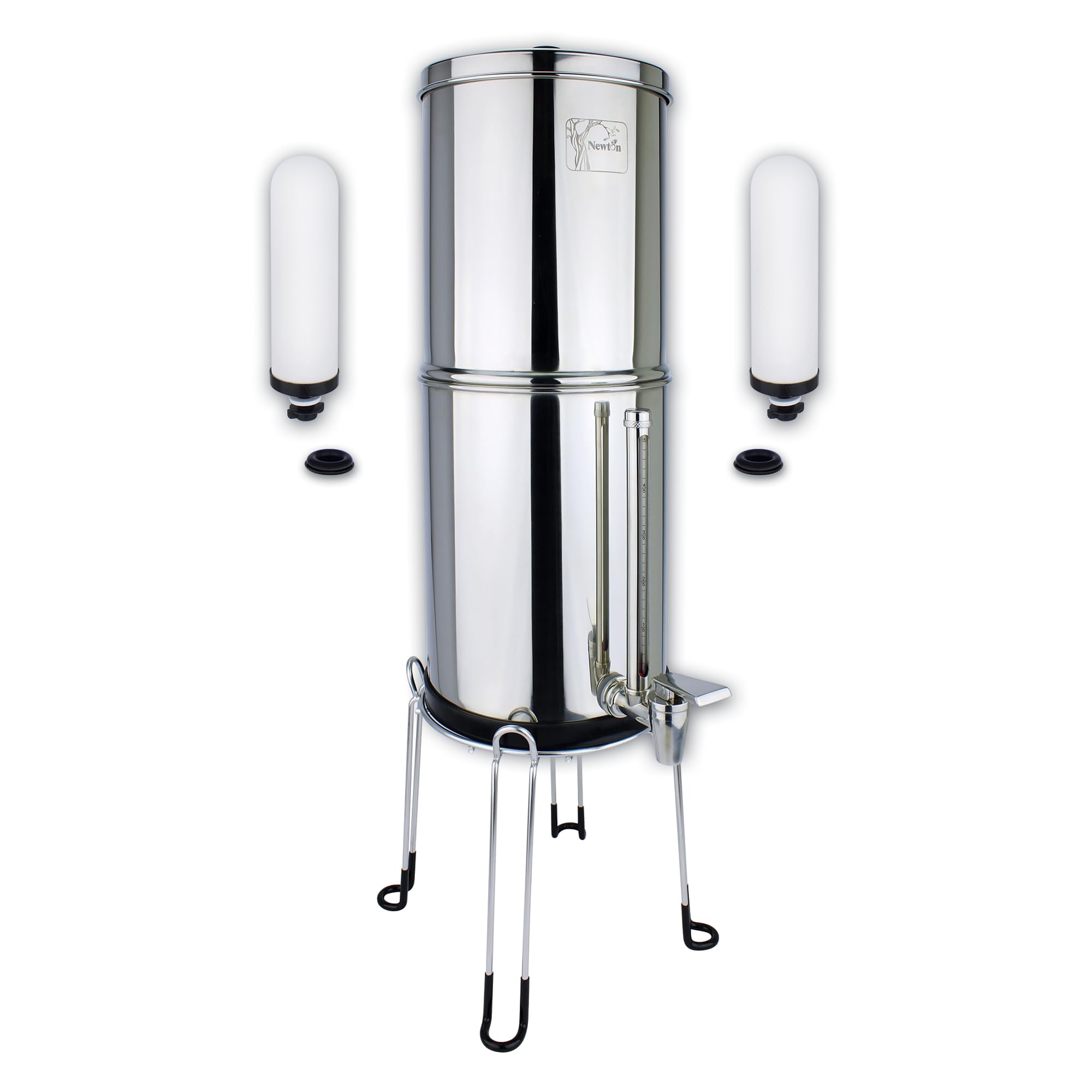 NEWTON Système de filtre à eau à gravité Premium avec retrait du fluor | Capacité 6L | Système complet avec 2 bougies de filtre, support en acier inoxydable et robinet de verre à vue