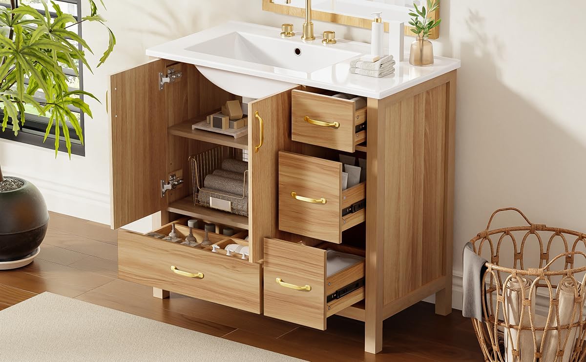36" Acacia Wood Bathroom Vanity - Solid Wood Frame with 2 Soft-Close Doors, 4 Soft-Close Drawers & Adjustable Shelf (American Traditional Style)