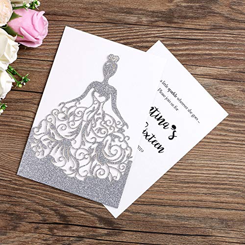 Ponatia 25Pcs Silver Glitter Crown Invitation Cards, Sweet 16 Laser Cut Invitations Cards With Envelopes, Printable Inner Sheets For Birthday, Baby Shower, Quinceañera Party Invite, Xv Años, Quince #TOP2