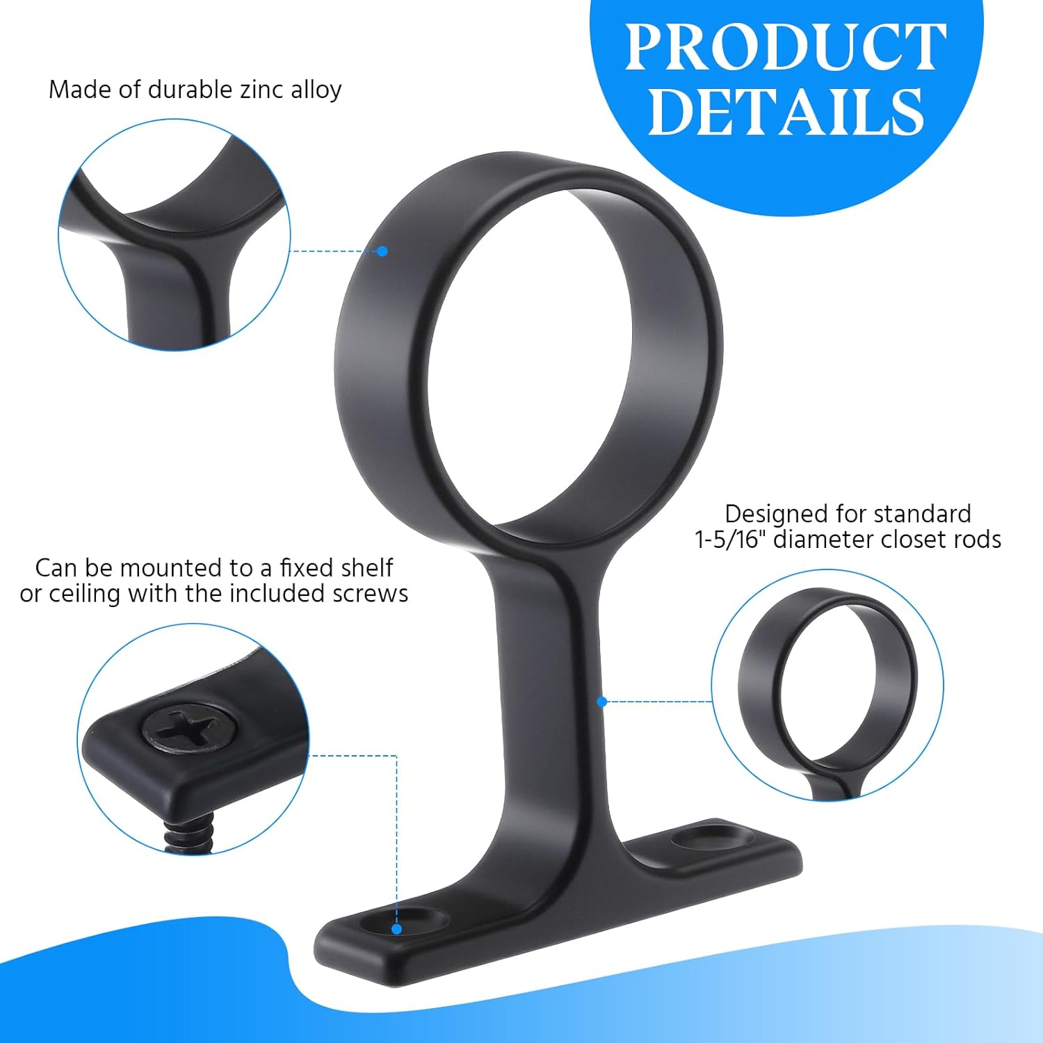 LEIFIDE 6 Pcs 1 5/16 Inch Diameter Round Wardrobe Closet Rod Suspended Center Support with Installation Screws Curtain Closet Rod Ceiling Mount Bracket for Home Wardrobe (Black)