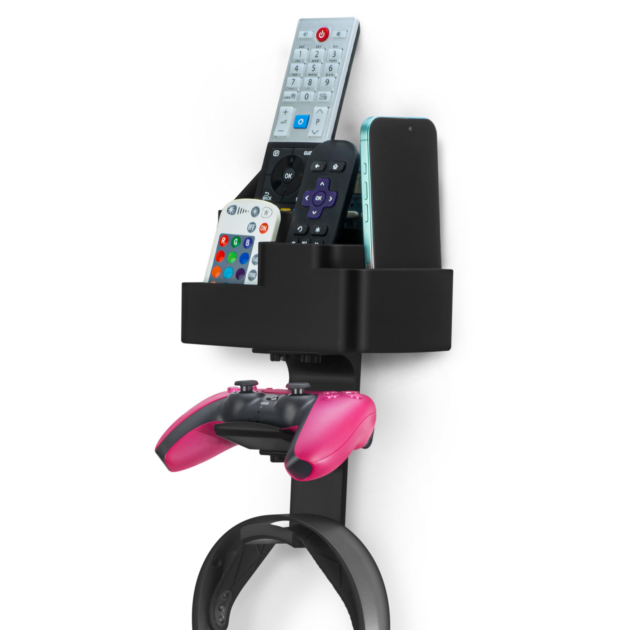 BRAINWAVZ Organizer da parete per telecomandi e videogiochi, supporto per telecomandi/mobile con ganci rimovibili per cuffie e controller – Adatto per PS5, Xbox, TV e telecomandi in streaming