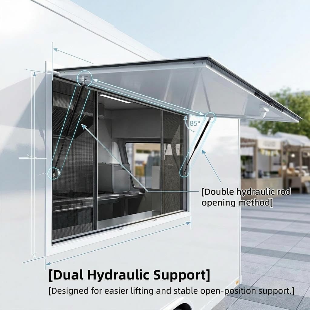 Precise 85 Degree Opening Concession Window, Sliding Windows for Food Festivals, Anti Theft Lock Food Truck Window with Black Mosquito Proof Net and Two Hydraulic Rods and Awning