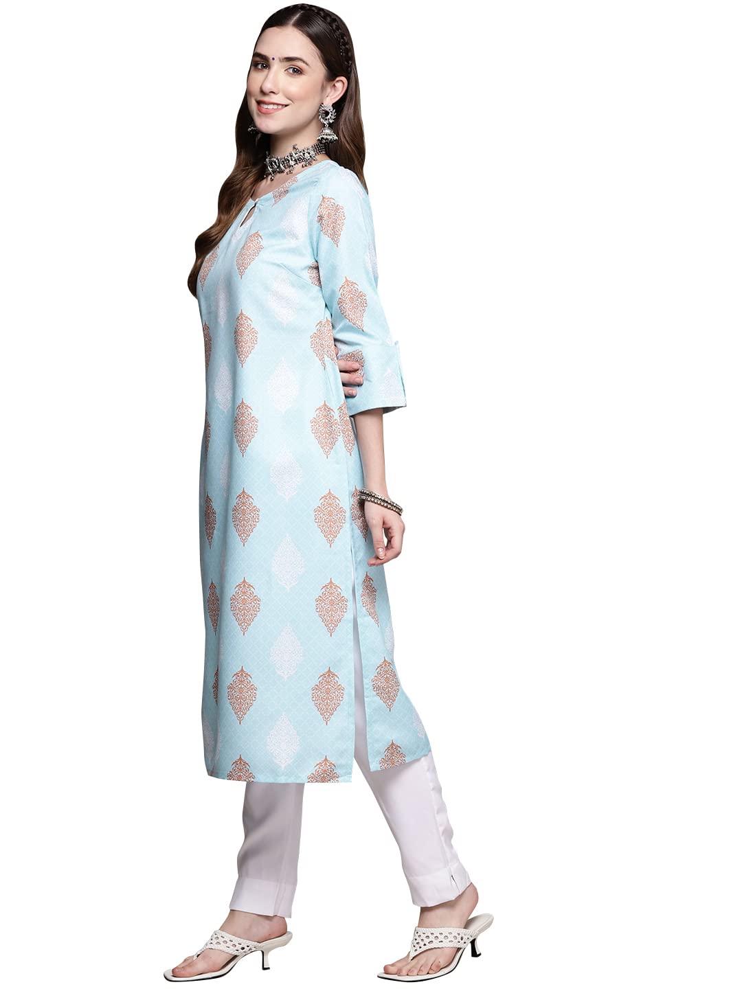 Ziyaa Women Rayon Women's Light Grey Poly Silk Straight Kurta And Pant Set (Zikury3455Andpa-Sky Blue-S)