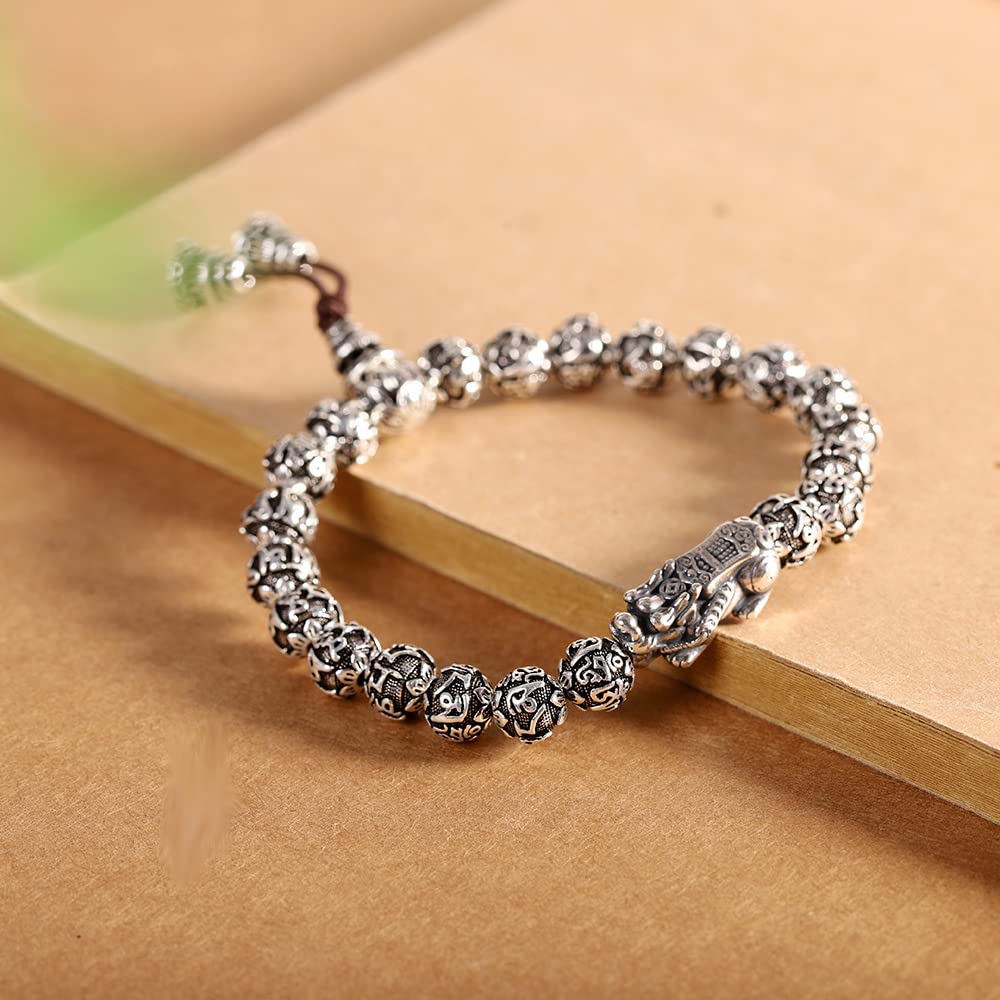 Pulsera de Plata Joyas de Plata Brazalete de Plata de Ley 925 Pulsera de Gato de la Suerte de Plata Tailandesa Retro Pulsera de Cuentas de Buda