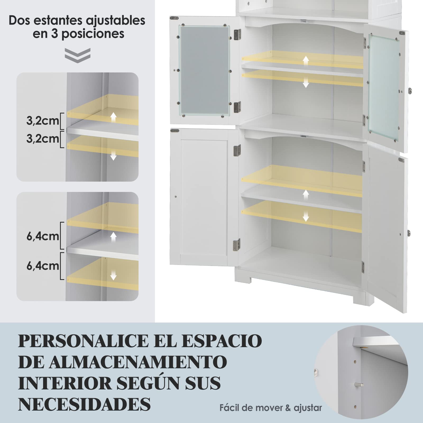 COSTWAY Armario Alto de Baño con 2 Puertas y 1 Cajón, Armario Independiente con Estantes Ajustables y Puerta de Vidrio Esmerilado, Mueble Columna para Sala Dormitorio (Blanco, 4 Puertas)