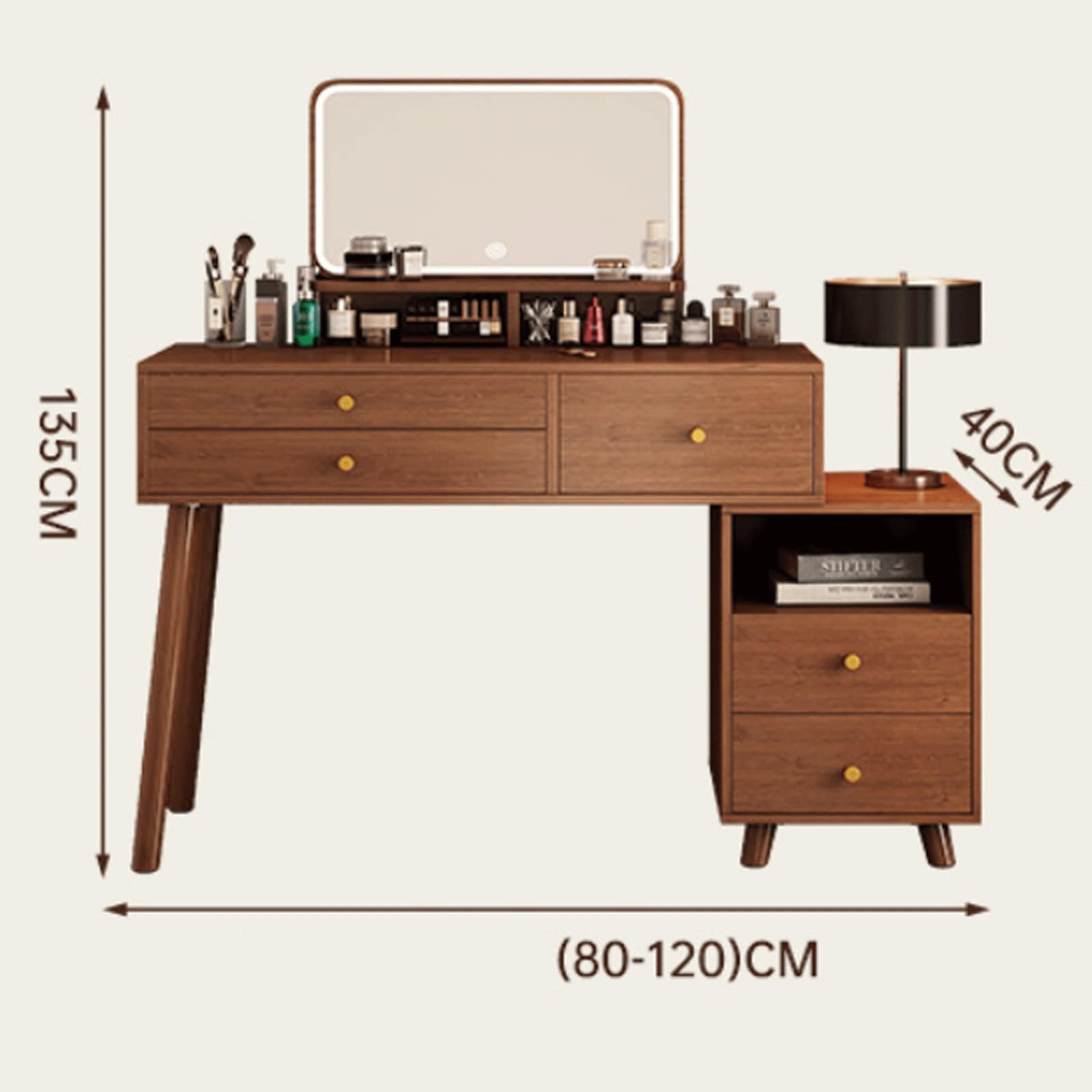 Vani Dewith Spiegel & Lichter - Schminktisch aus Walnuss mit 2 Ders & Schrank für Schlafzimmer & Ankleidezimmer - Slish Schminktisch für Make-up & Pflege