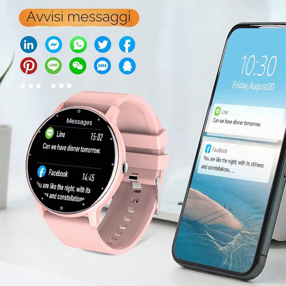 0,8cm Ultra Sottile Orologio Intelligente Tracker di Fitness Contapassi con Funzioni Monitoraggio di Frequenza Cardiaca, Pressione Sanguigna, Ossigeno nel Sangue e Sonno, Notifica Push Messaggio