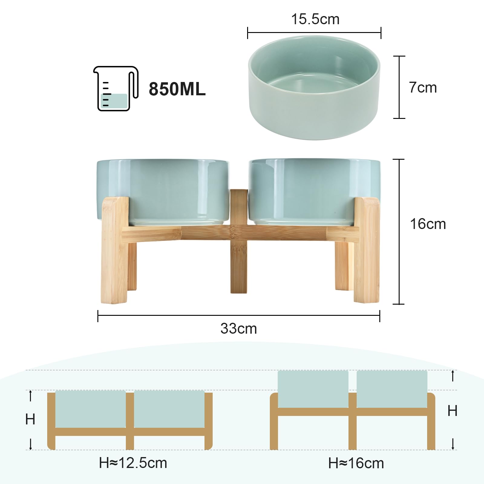 SPUNKYJUNKY Erhöhter Hundenapf Keramik, 15,5 cm Futter- und Wassernapf mit rutschfestem Bambus Ständer für mittelgroße Hunde & Katzen, Spülmaschinen- & mikrowellengeeignet - 850 ml, Hellgrün