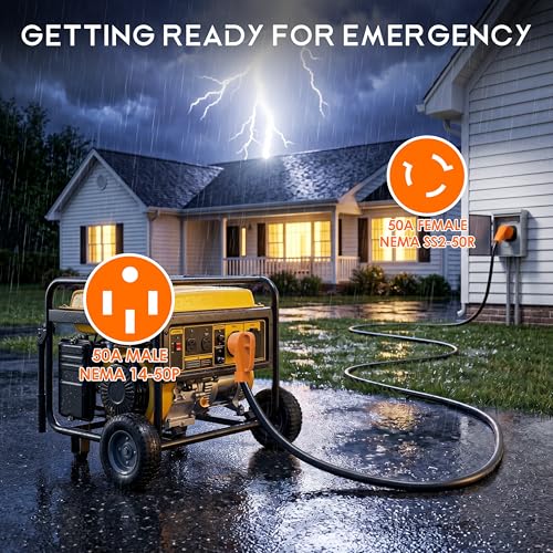 Image of 50 Amp 25 Feet RV /Generator Cord with 135 Designed Handle and Twist Locking Connector, Heavy Duty 6 /3+8 /1 Gauge STW Wire, 14-50P Male and SS2-50R Female for RV Camper and Generator to House