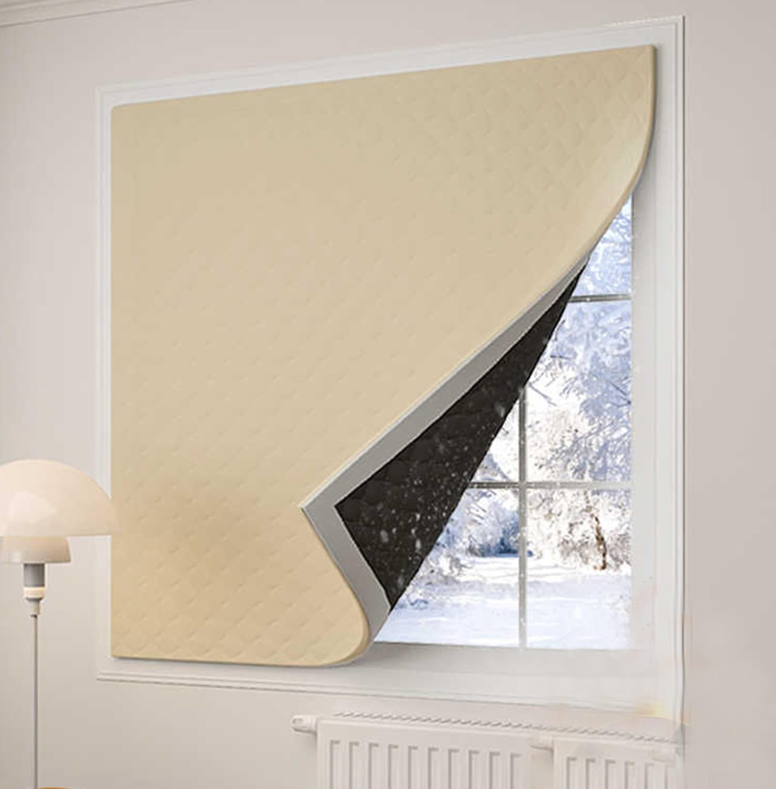 Window Insulation Cover Thermal Curtains for Winter Heavy Duty Thicken Thermal Insulated Drape Kit Soundproof Cold protection Keep Warm Thermal Window Film Punch-Free Magic Tape(Beige,120 cm x 200 cm)
